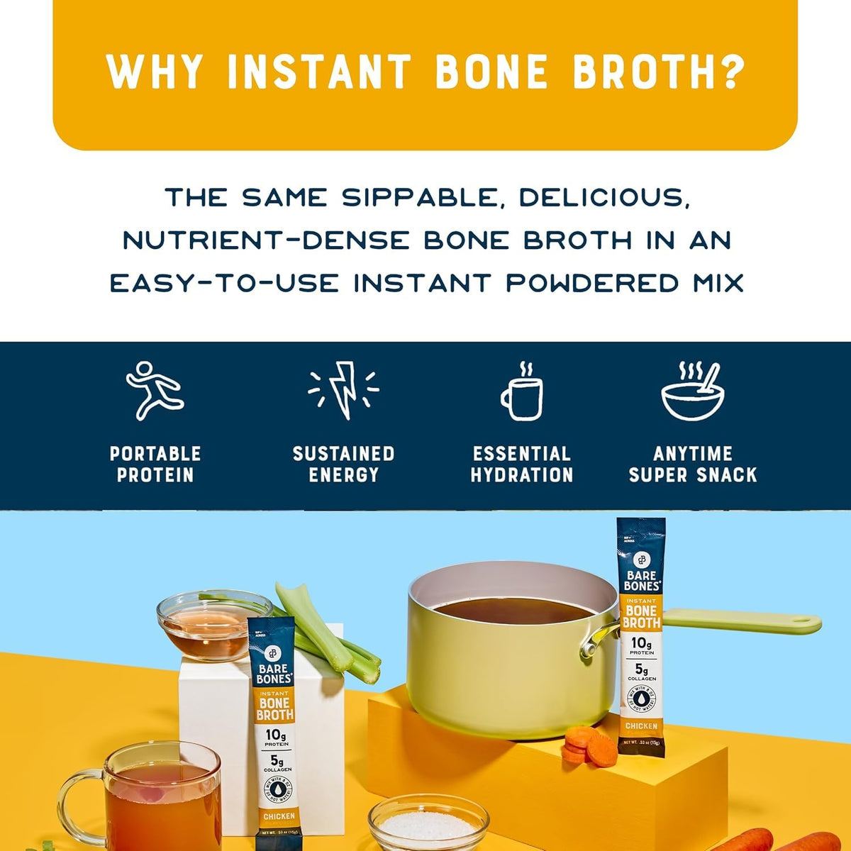 Bare Bones Classic Chicken Bone Broth Instant Powder Mix Packets 16 Pack