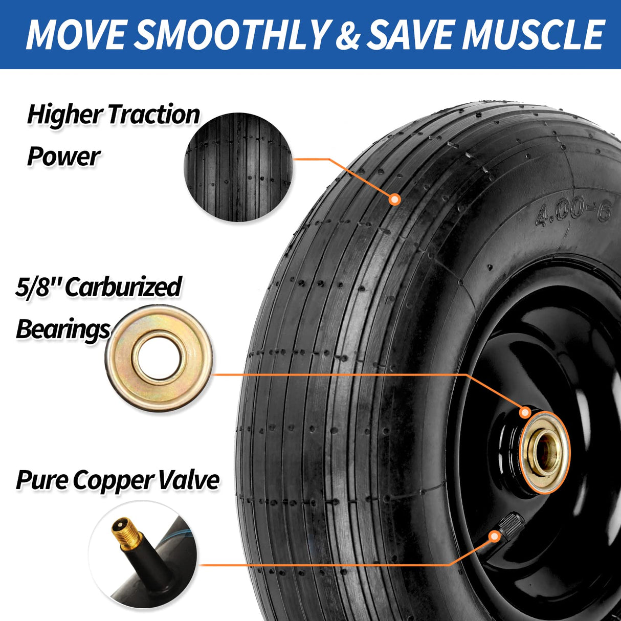 GICOOL 4.00-6 Tire and Wheel, 13" Wheelbarrow Pneumatic Tire, 5/8" & 3/4" Bearings, 1.75-6" Centered Hub,Sealed Bearings for Wheelbarrows Trolley Dolly Garden Wagon Cart Wheel Replacement