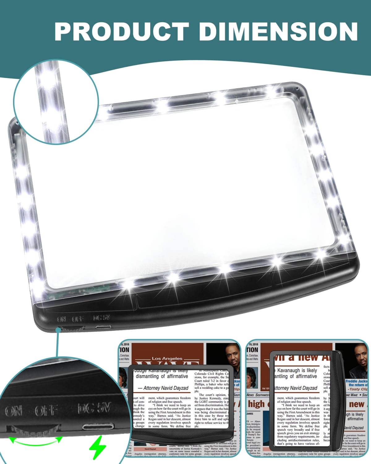 5X Rechargeable Magnifying Glass for Reading, Large Bright LED Lighted Full Page Magnifier, Lightweight Rectangular Handheld Magnifier with Light for Reading Small Prints for Seniors, Low Vision