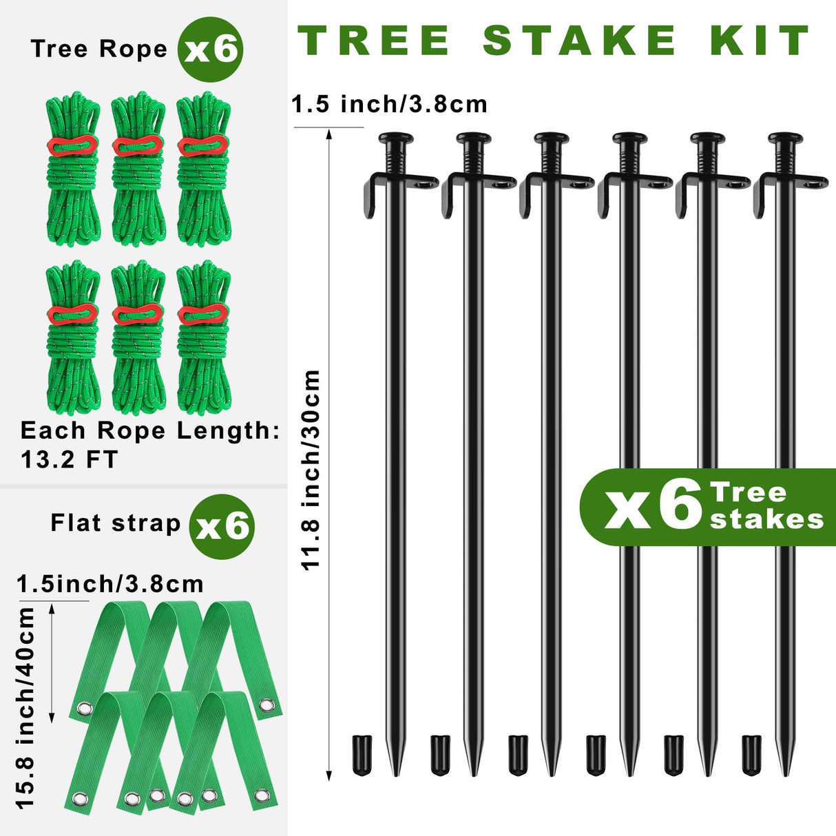 Fabulas Tree Stakes Kits, 6 Pcs 11.8 Inch Heavy Duty Steel Stakes and Supports for Leaning Young Trees Straightening with 6 Pcs Support Straps and 13.2ft Anchor Ropes, Against Strong Wind Bad Weather