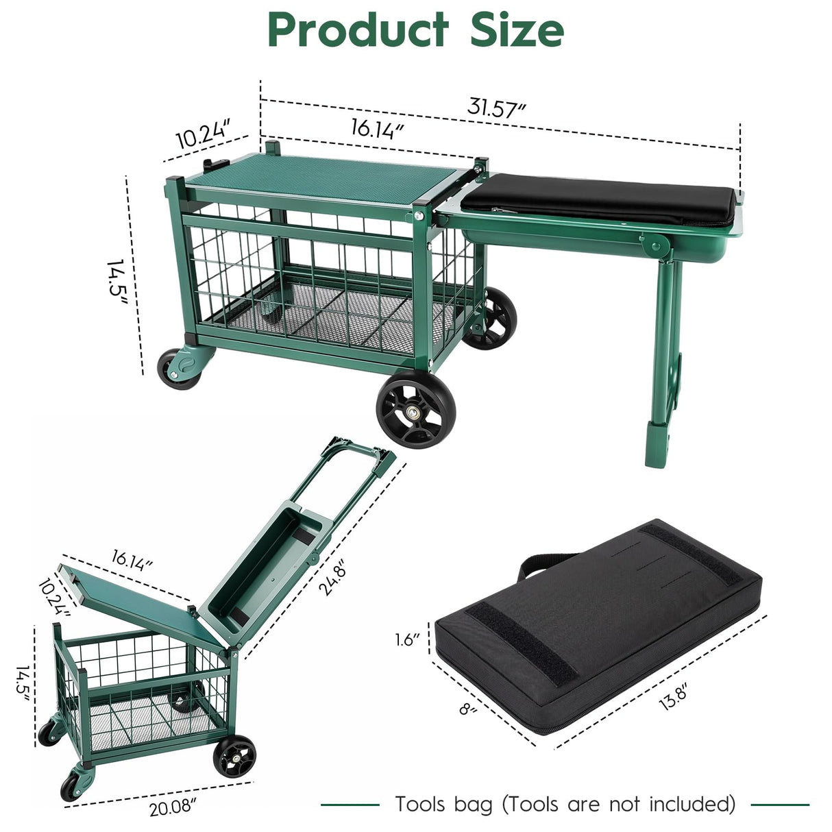 Rolling Garden Cart with Seat, Metal Garden Work Seat with 360° Swivel Wheels, Storage Basket, Workbench, and Tool Bag, Upgraded Heavy Duty Gardening Wagon and Stool for Seniors