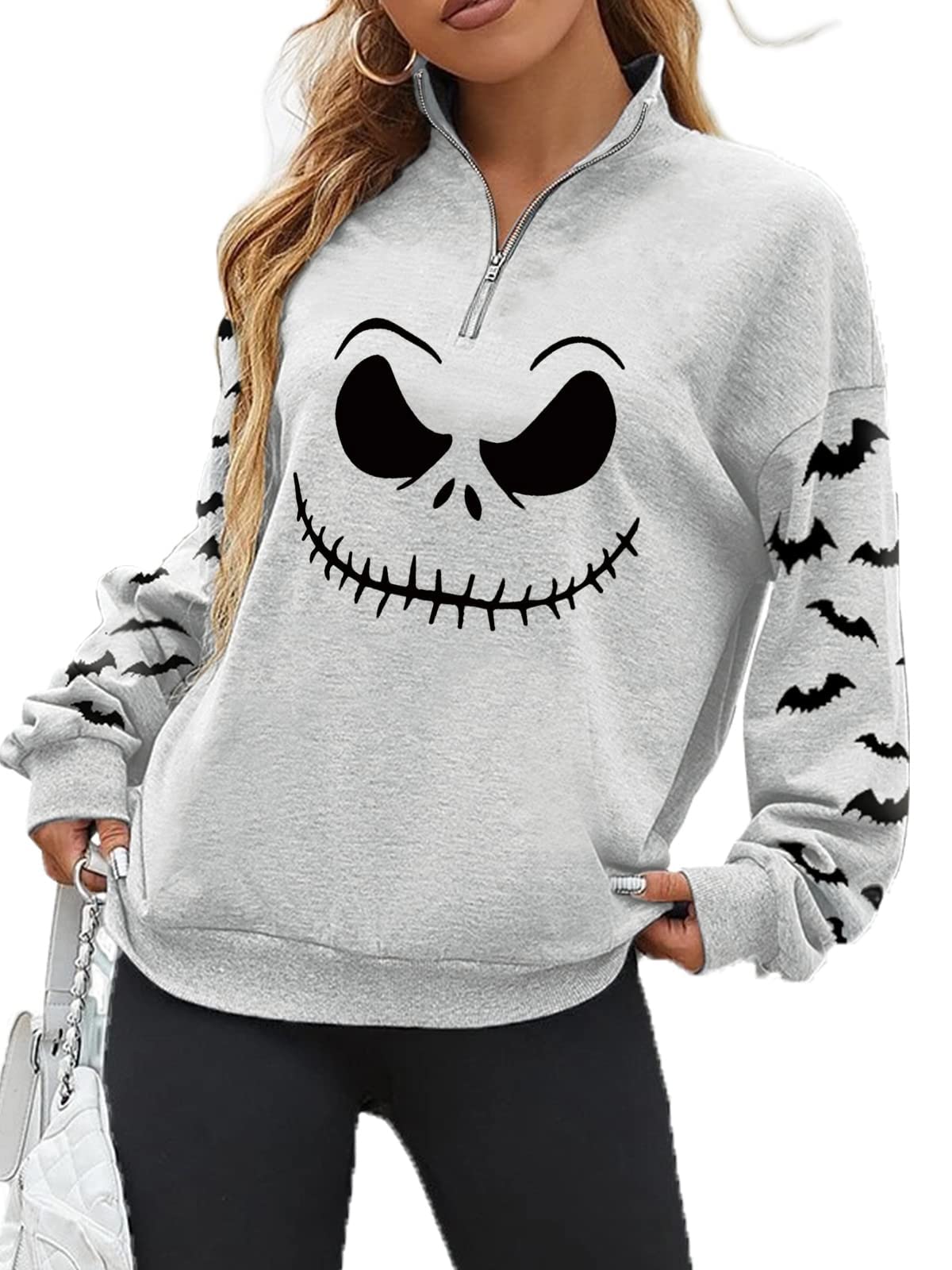 tiqwova Womens Halloween Pumpkin Face Sweatshirt Loose Casual Christmas Shirt for Women (N01-L)
