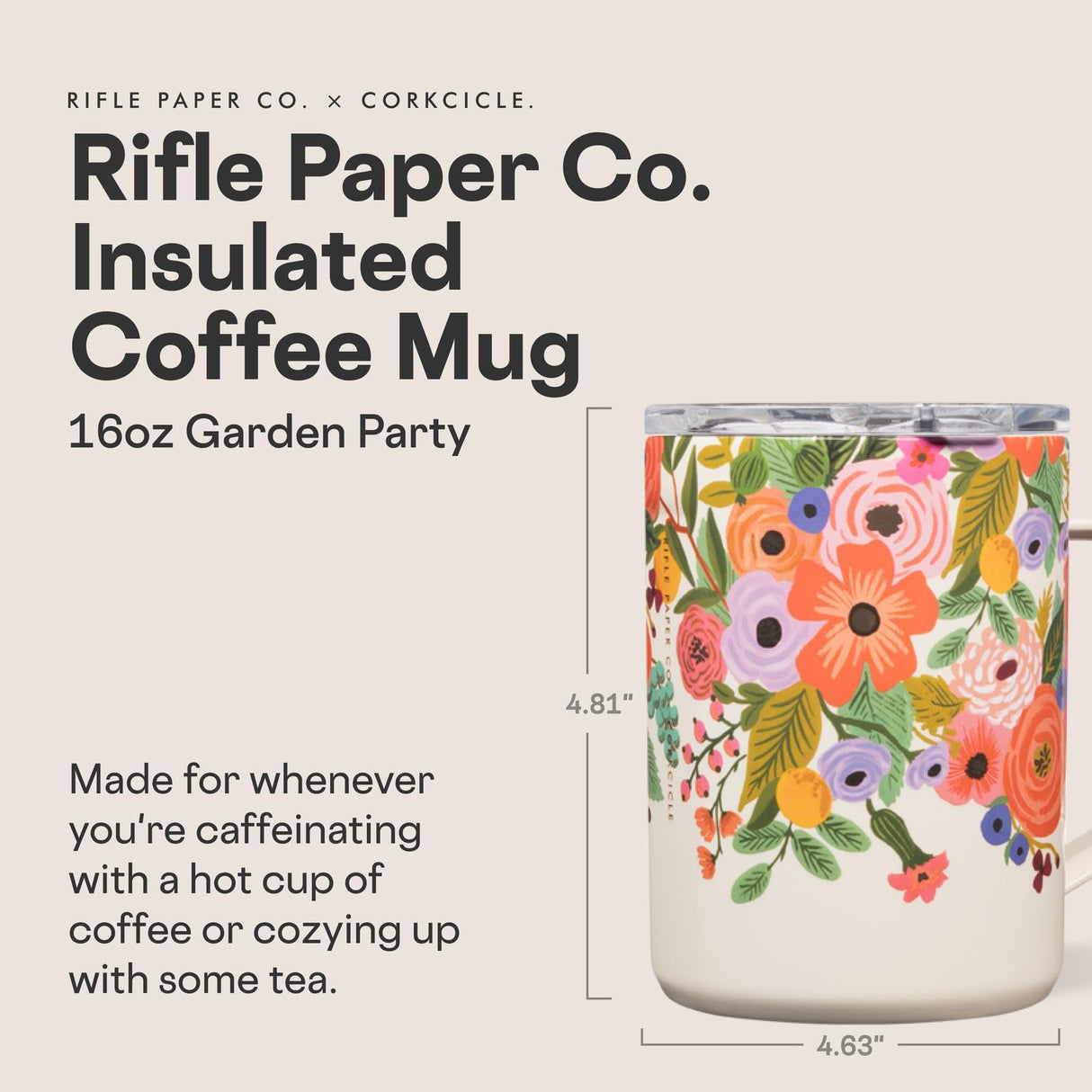 Corkcicle x Rifle Paper Co. Triple Insulated Coffee Mug with Lid & Handle - Keeps Beverages Hot for 3+ Hours - Gift for Mom - Great for Mother's Day or Christmas - 16 oz - Garden Party