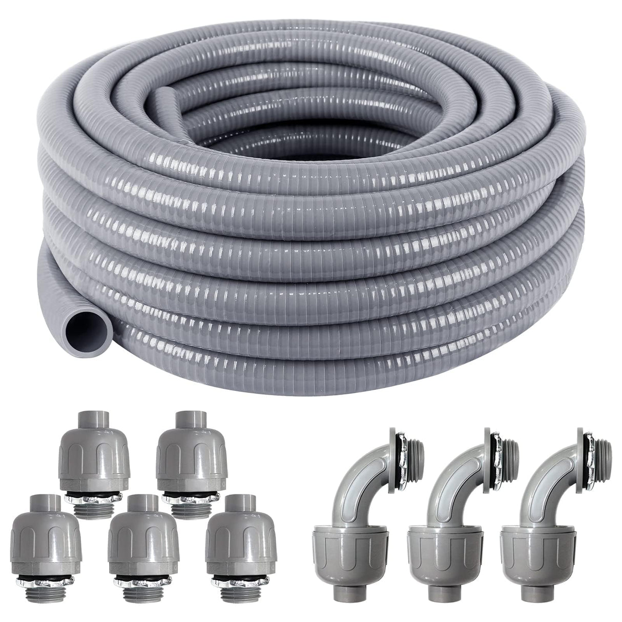 3/4 Inch 25ft Electrical Conduit Kit UL Certification,Flexible Non Metallic Liquid Tight Electrical Conduit,Flexible Metallic Conduit with 5 Straight and 3 90-Degree Conduit Connector Fittings