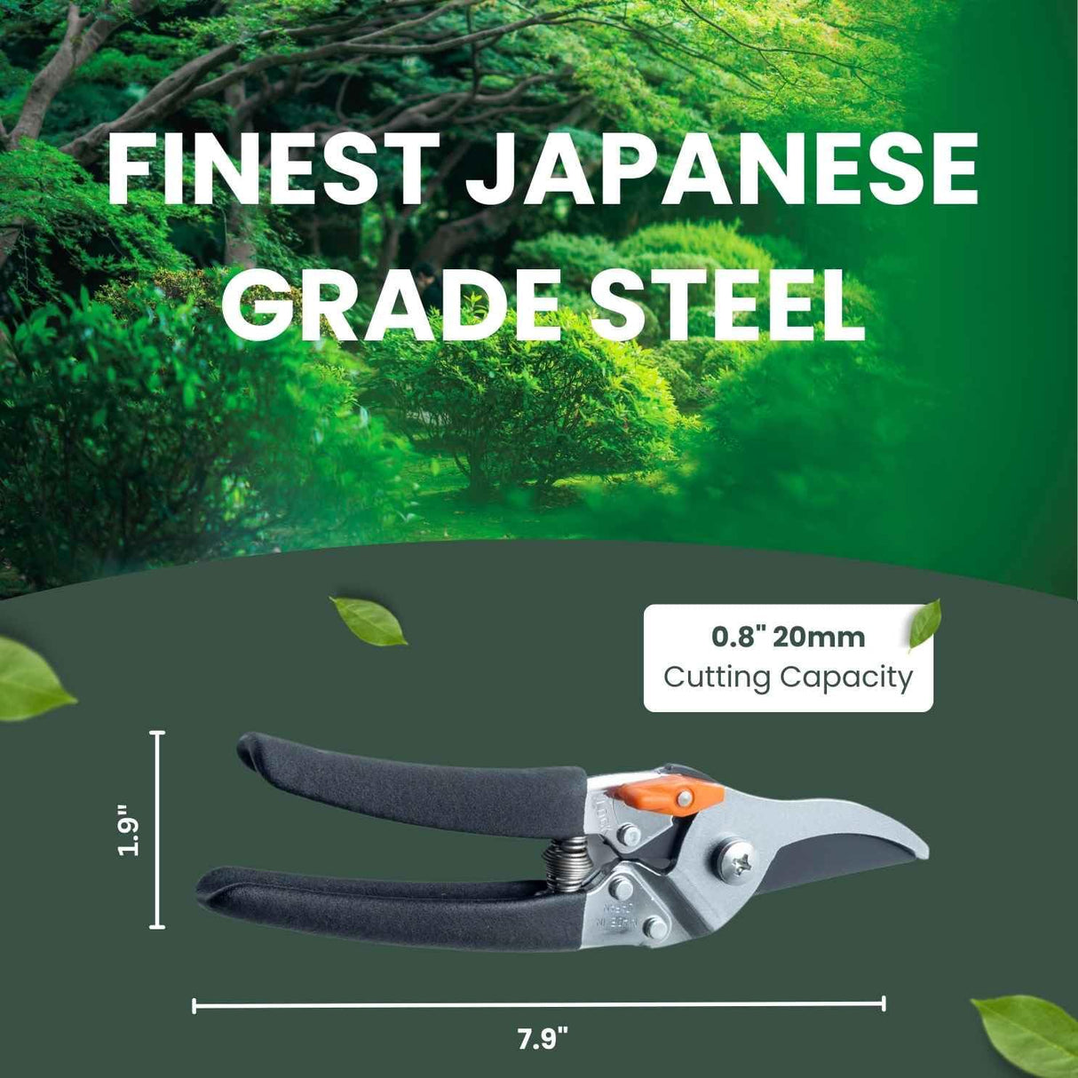 Saboten Japanese Pruning Shears 7.9" – Professional Bypass Garden Clippers, Made in Japan, Sharp Carbon Steel Blade with Sap-Resistant Fluorine Coating, Cuts up to 3/4 in (20 mm) (Straight)