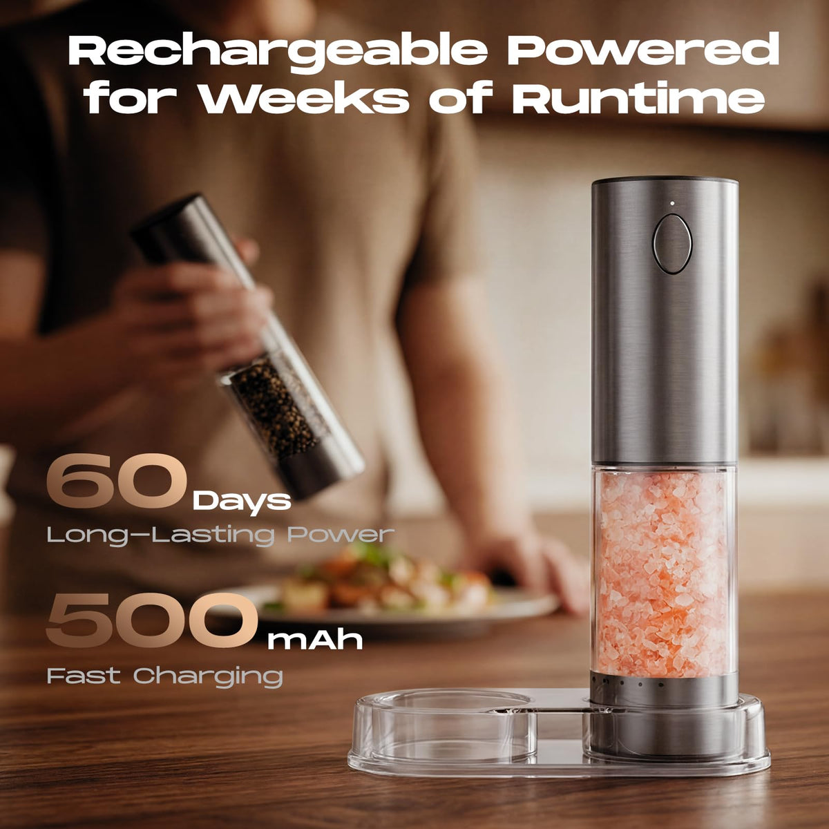 Electric Salt and Pepper Grinder Set, Rechargeable Automatic Salt and Pepper Shaker with 6 Adjustable Coarseness, Large-Capacity Pepper Mill White Elephant Gifts (Rechargeable-Stainless Steel)