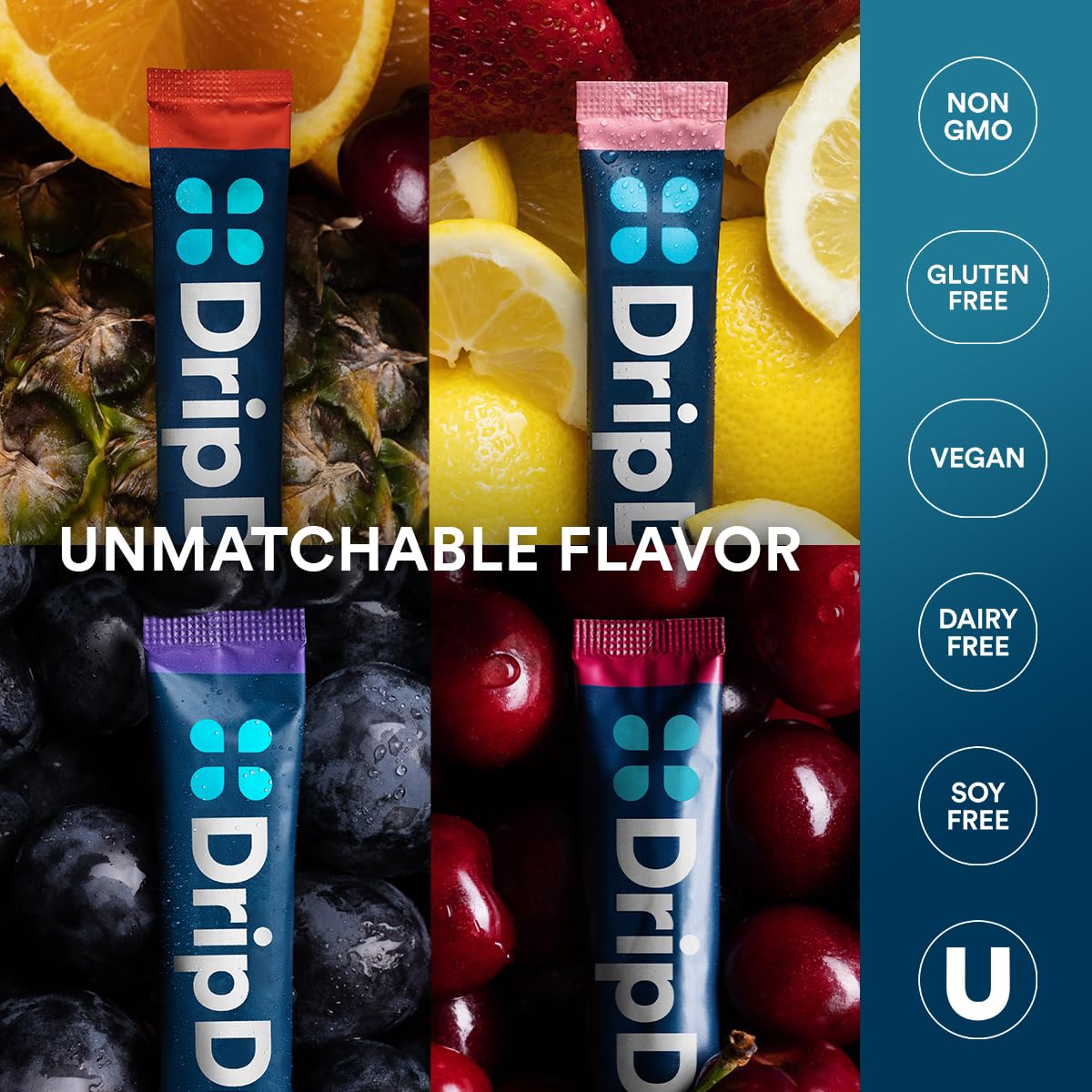 DripDrop Hydration Packets - Juicy Variety Pack - Single Serve Electrolytes Powder Drink Mix - Grape, Fruit Punch, Strawberry Lemonade, Cherry - Non-GMO, Gluten Free, Vegan - 192 Sticks
