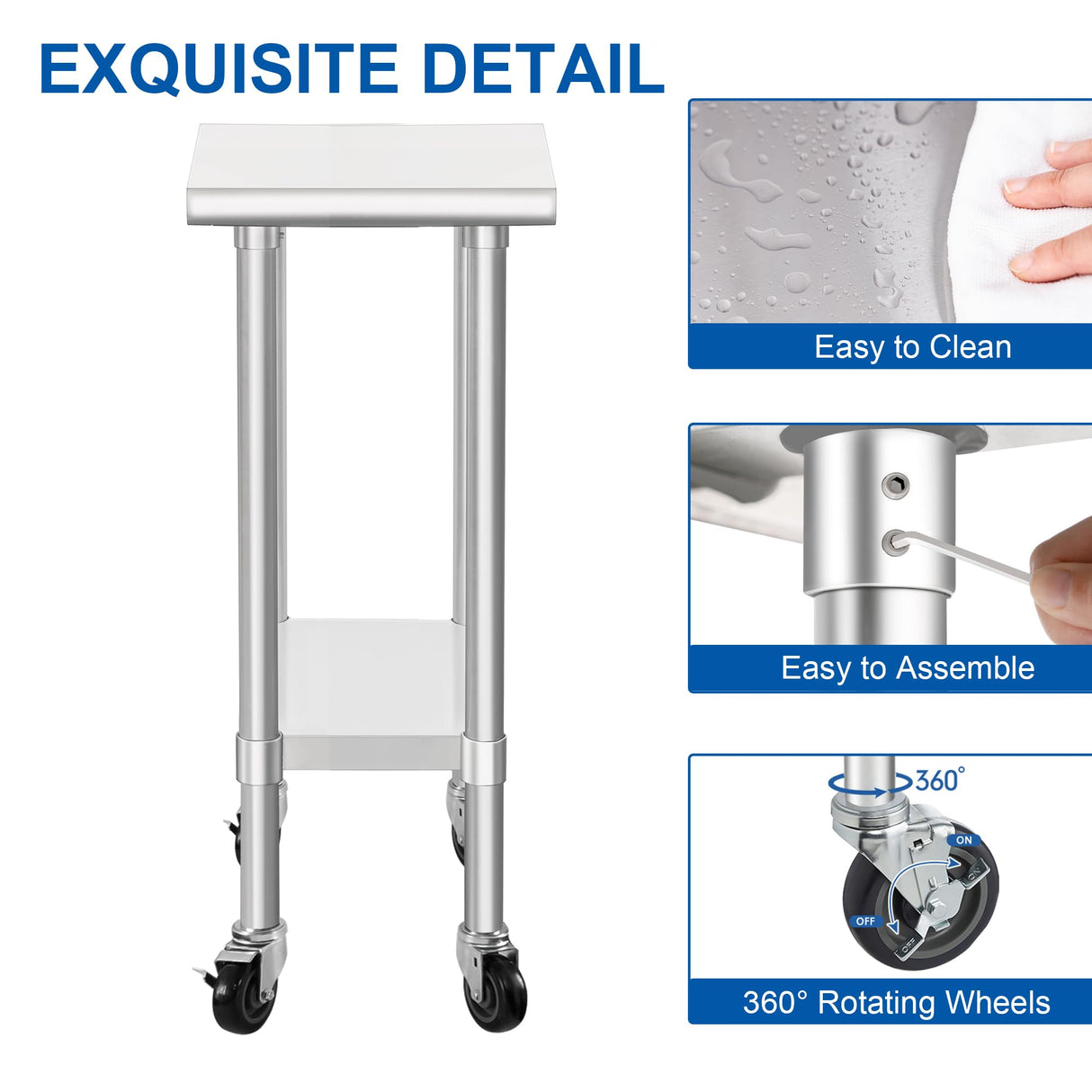 HARDURA Stainless Steel Commercial Table Prep & Work Table with Casters Heavy Duty Metal Table with Wheels NSF 430 24×12 Inches