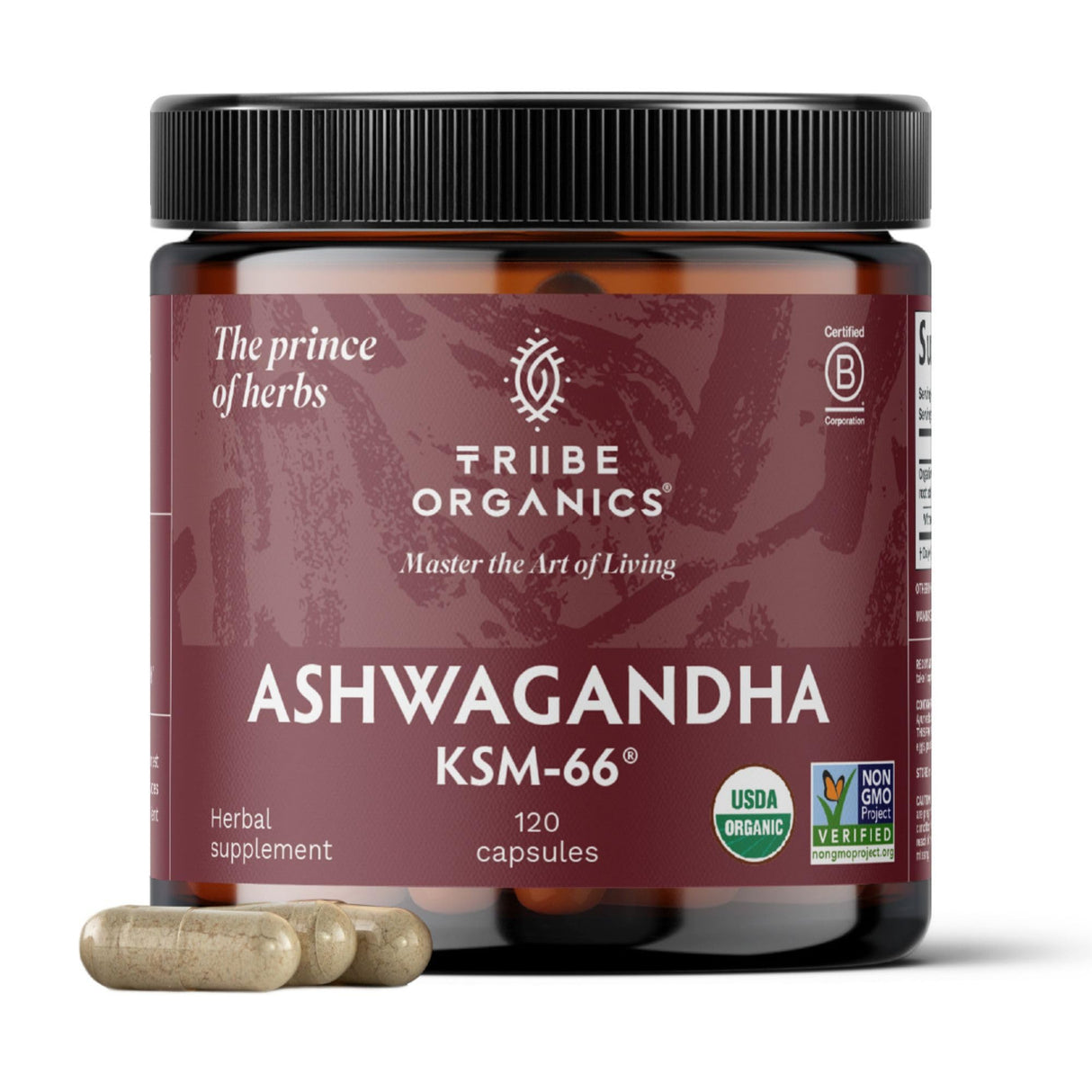 TRIBE ORGANICS Ashwagandha KSM 66 Pure Organic Root Powder Extract Ayurvedic Supplement - Focus, Mood Support, Increase Energy, Strength, 600mg of Natural KSM66 for Superior Absorption - 120 Capsules