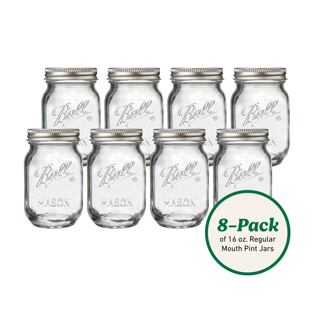 Ball Regular Mouth Pint Glass Mason Jars, 16oz, 8-Count