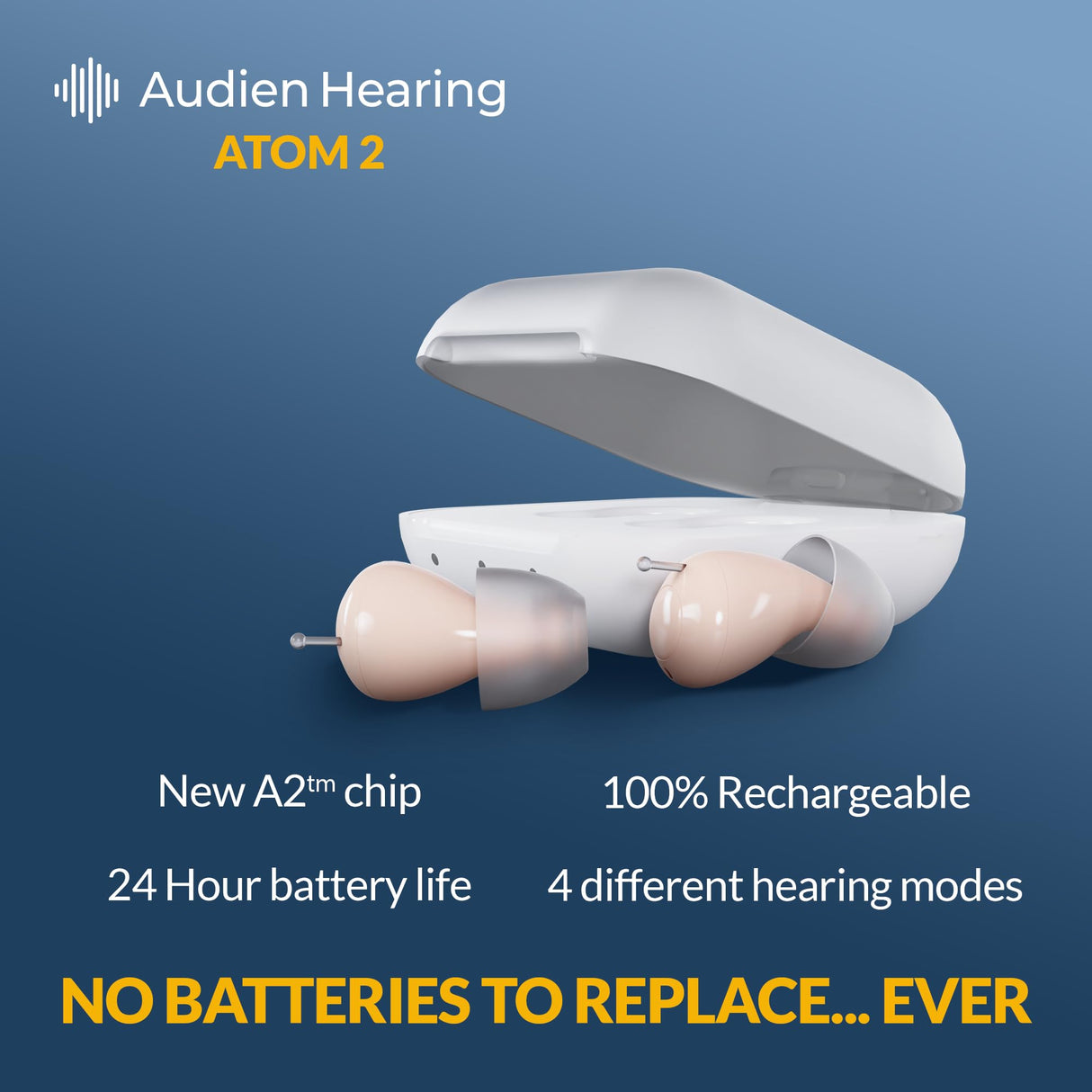 Audien ATOM 2 Wireless Rechargeable OTC Hearing Aid, Premium Comfort Design and Nearly Invisible