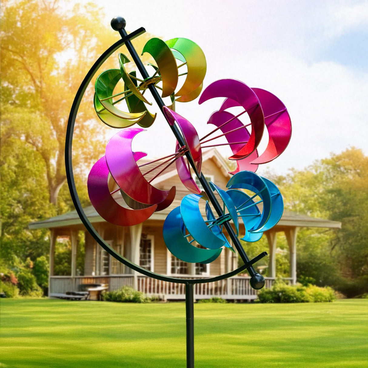 Large Metal Wind Spinner for Garden and Yard – 63 Inch Kinetic Outdoor Sculpture with Dual Direction 360° Spinning Blades – Weather Resistant Moons Yard Art Decor for Patio, Lawn, and Porch