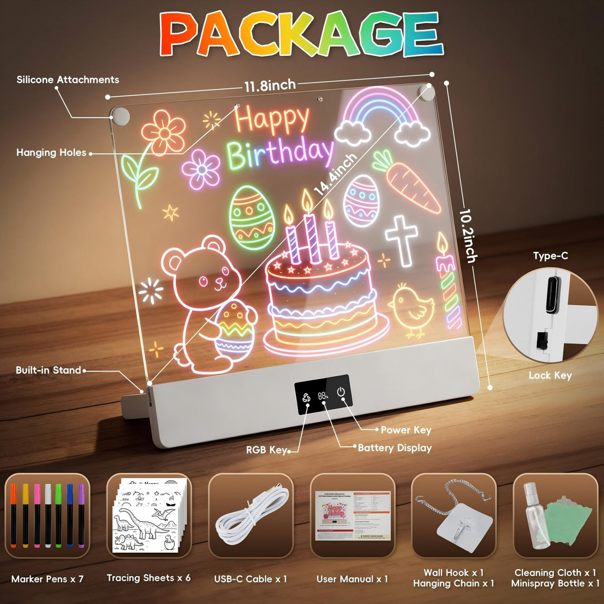 LED Drawing Board for Kid - Rechargeable 14" Doodle Glow Neon Art Note Boards, Holiday Birthday Gifts Toy for Kids Girls Boys Teens, Light Up Acrylic Dry Erase Message Note Writing Pad with 7 Markers