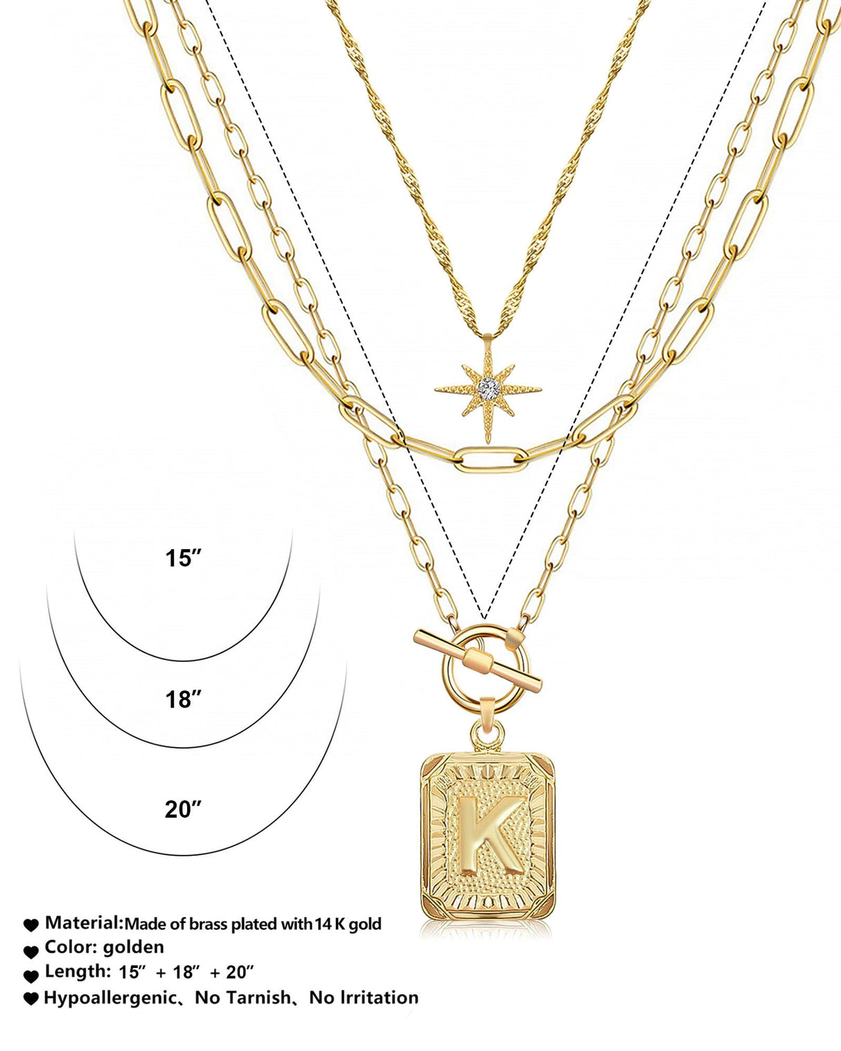 MJartoria Layered Initial Necklaces for Women Trendy, 14K Gold Plated Simple Star Choker Square Letter Pendant Necklace, Paperclip Chain Necklace, Gold Necklaces Jewelry Gifts (Gold, K)