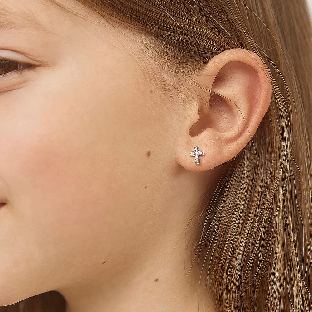 In Season Jewelry Sterling Silver Tiny CZ Cross Kids Earrings - Clear