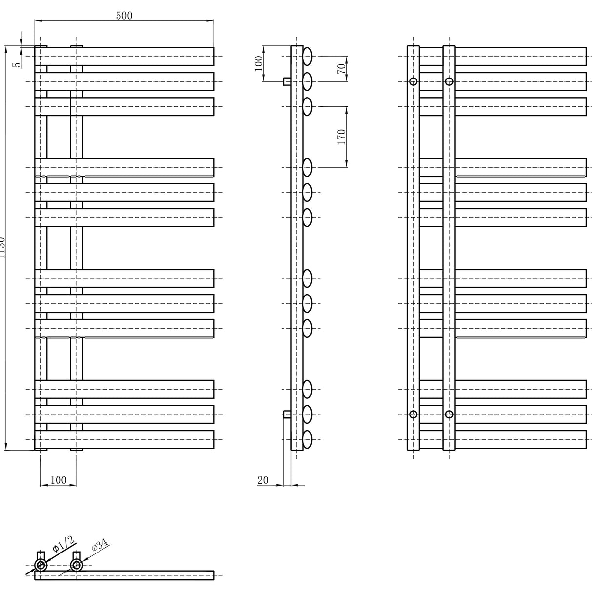 Go Bathrooms Black Towel Radiator 1130 x 500 Heated Towel Rail Vertical Designer Bathroom Radiator Heated Ladder Rail Central Heating