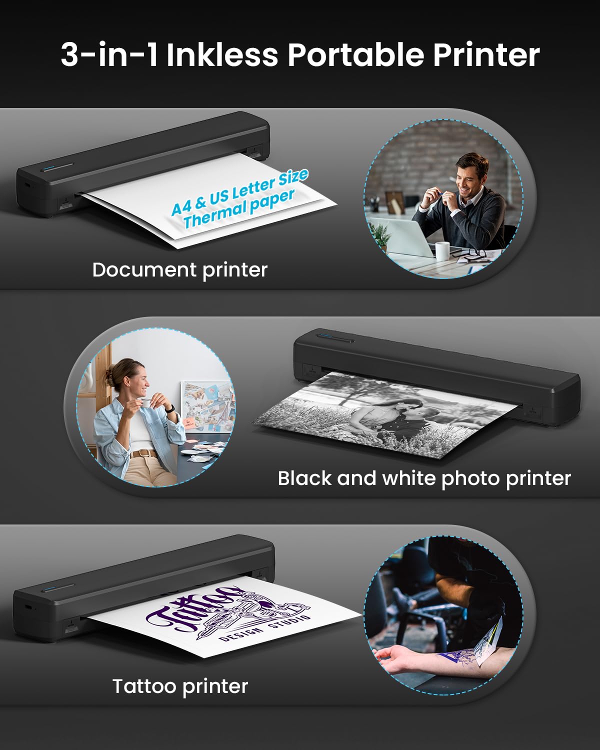 BESTECCT Wireless Tattoo Stencil Printer with 10 pcs of Transfer Paper&10 pcs US Letter Paper,Tattoo Printer Machine for Tattoo Artists& Beginners,Compatible with Phone&PC