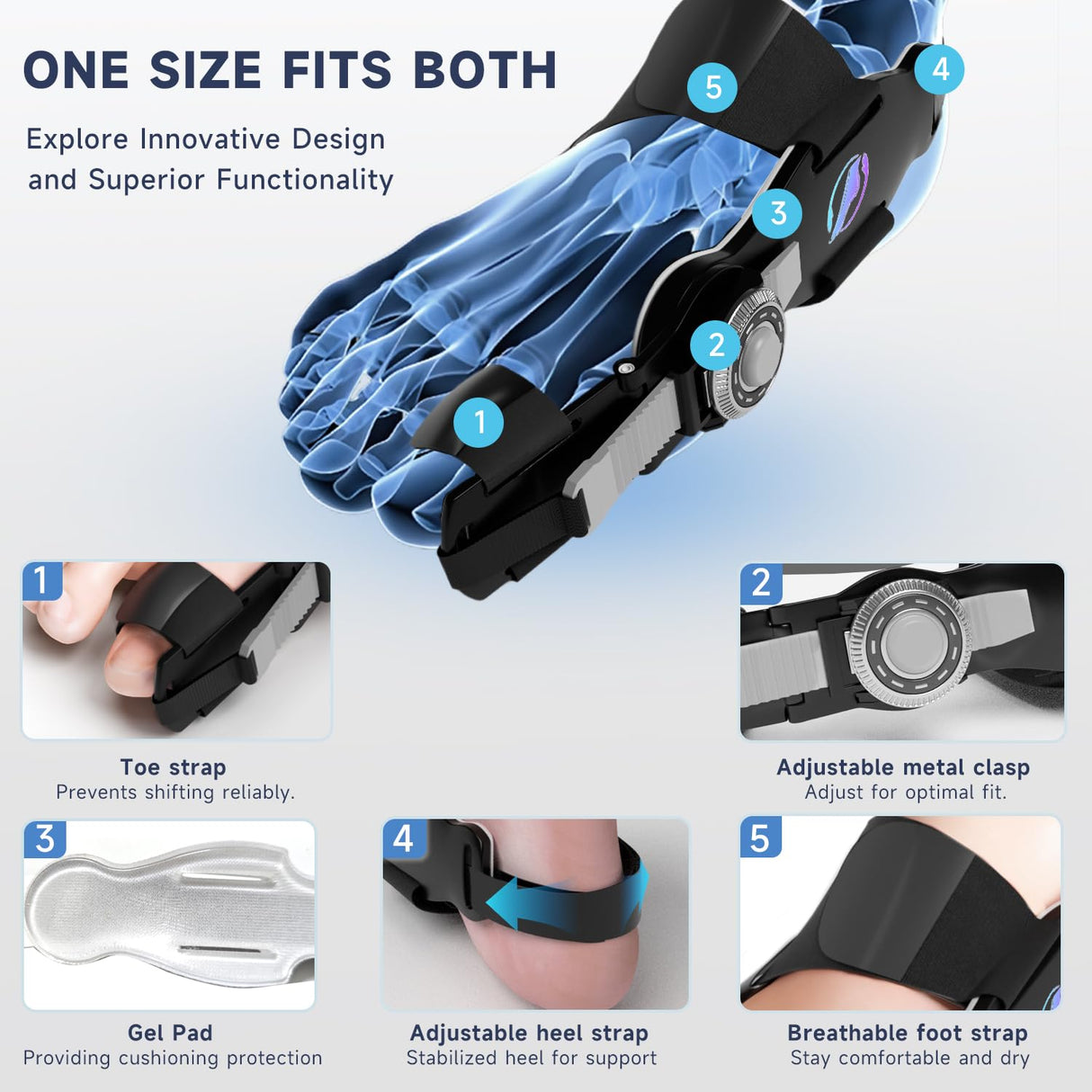 HUQKIYA Bunion Corrector for Women & Men, Orthopedic Bunion Splint with Toe Separator Adjustable Toe Straightener Suitable for Left/Right Feet Hallux Valgus Relief(Black 2Pcs)