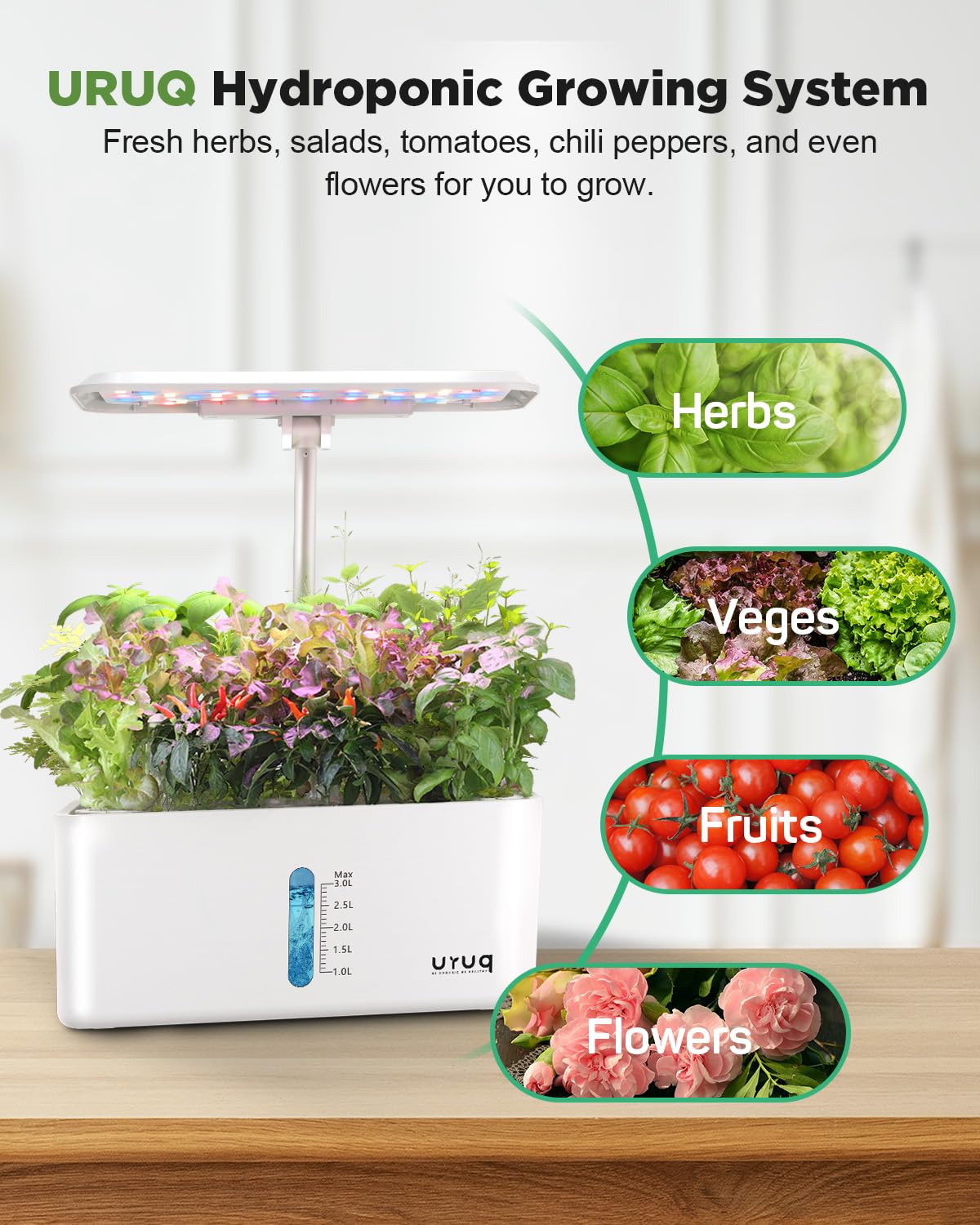 URUQ 8 Pods Hydroponics Growing System with LED Grow Light - White