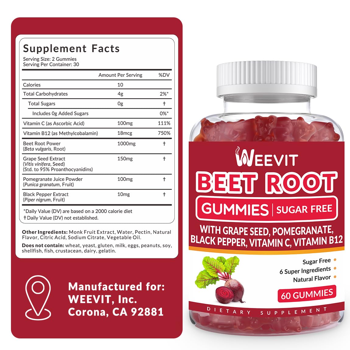 Beet Root Gummies, Nitric Oxide Supplement for Men Women | Organic Beet Gummy with Grape Seed, Pomegranate, Black Pepper, Vitamin C, B12