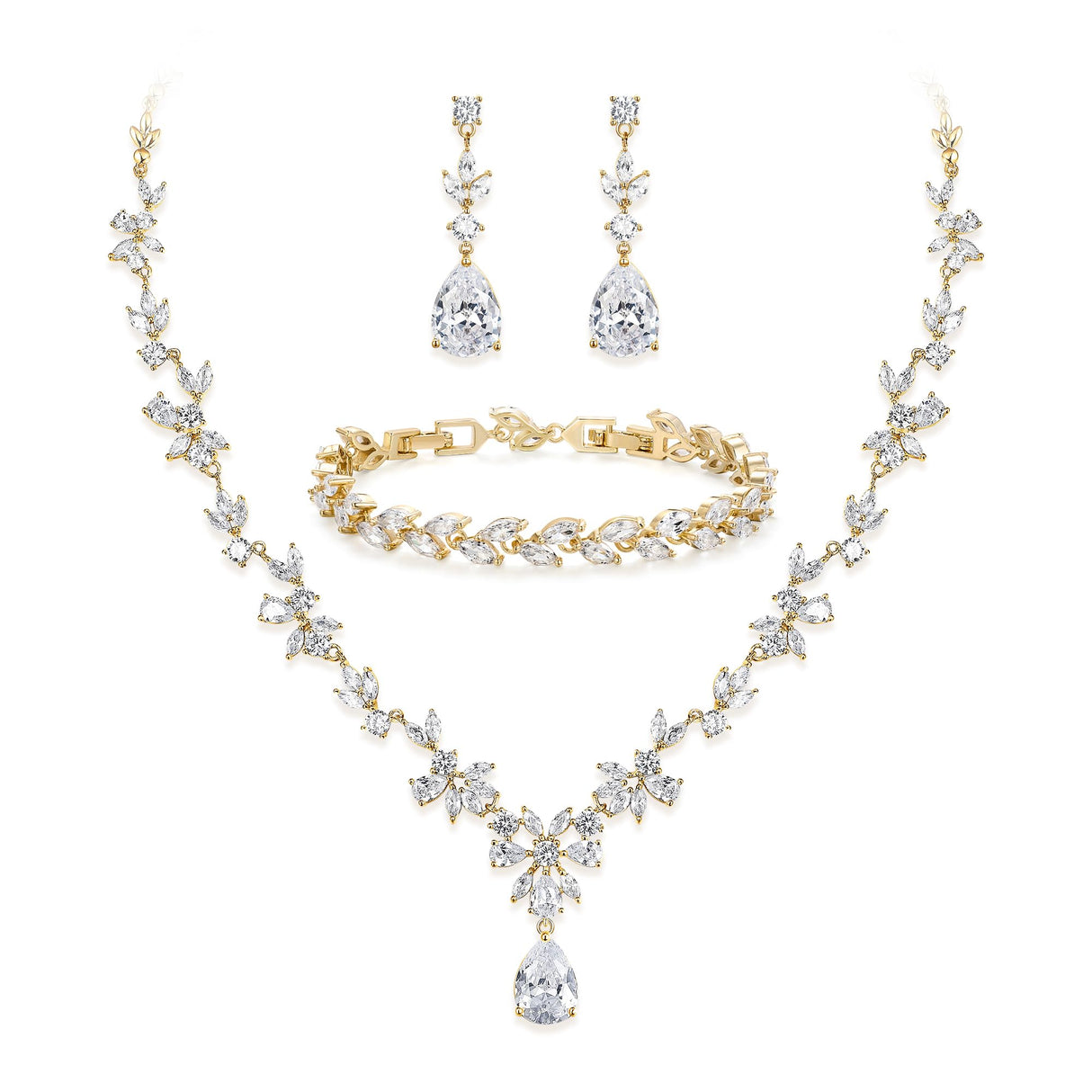 BriLove Gorgeous Cubic Zirconia Wedding Jewelry Set for Women Bride Gold