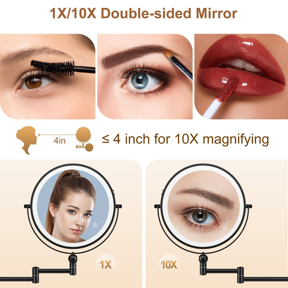 9" Wall Mounted Lighted Makeup Mirror,4000mAh Rechargeable Double Sided 1X/10X Magnifying Mirror with Light,Touch Dimmable,Extended Arm 360 Rotation Wall Mounted Makeup Mirror 3 Color Lights-Black