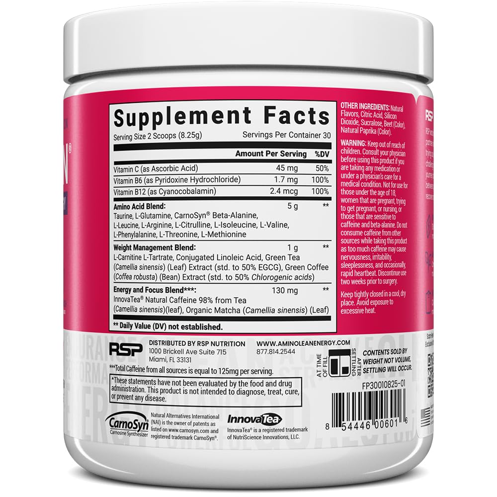 RSP NUTRITION AminoLean Pre Workout Powder, Amino Energy & Weight Management with Vegan BCAA Amino Acids, Natural Caffeine, Preworkout Boost for Men & Women, 30 Serv