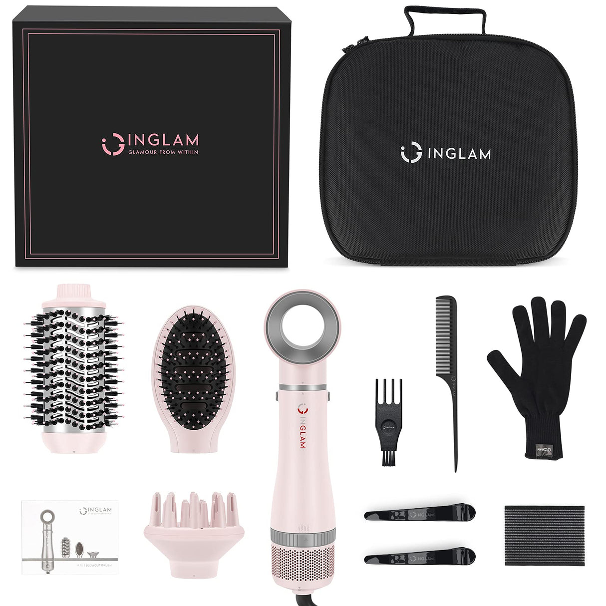 IG INGLAM 4 in 1 Blowout Hair Dryer Brush Set - Negative Ion Detachable Hair Dryer, Volumizer Styler with 2 Brush Heads, Pink