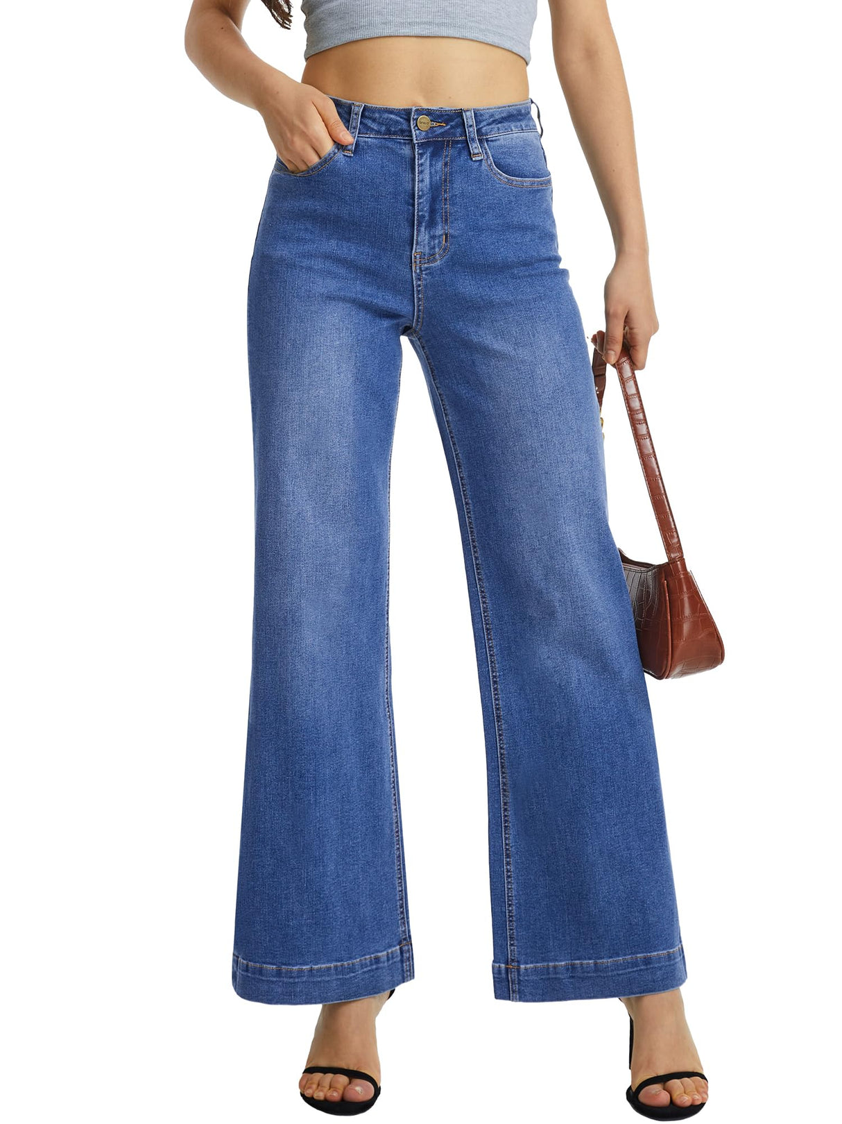 ONESO Womens Flare Jeans High Waist Medium Blue Wide Leg Jeans for Women Stretch Tummy Control Baggy Trousers Trendy Boyfriend Pants Inseam 30" Size 10