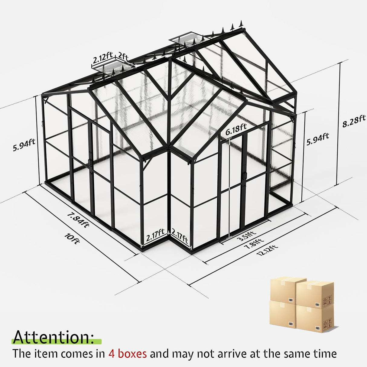AMERLIFE 12x10x8 FT Hybrid Polycarbonate Greenhouse, Quick-Connect Aluminum Frame with Dual Roof Vents & Double Doors, Walk-in Outdoor Garden Greenhouse with Gutters, Black