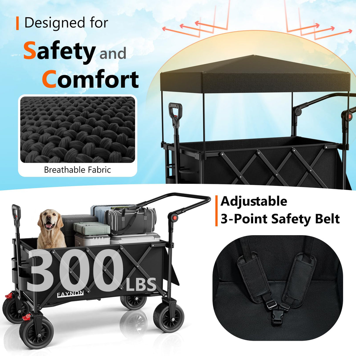 3 in 1 Collapsible Wagon with 300lbs Weight Capacity,150L Heavy Duty Utility Cart with Removable Canopy,with Big All-Terrain Beach Wheels & Drink Holders,Black
