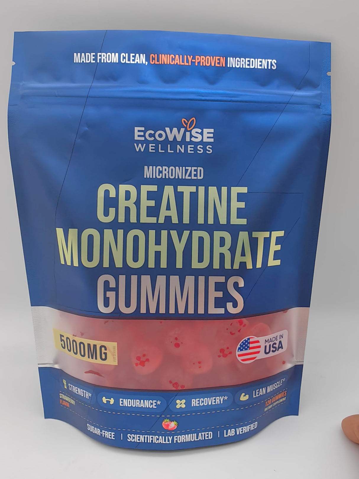 EcoWise Wellness Creatine Monohydrate Gummies 5000 mg, Strawberry Flavor, 120 Sugar-Free Vegan Chews, Creatine Supplement for Daily Routine