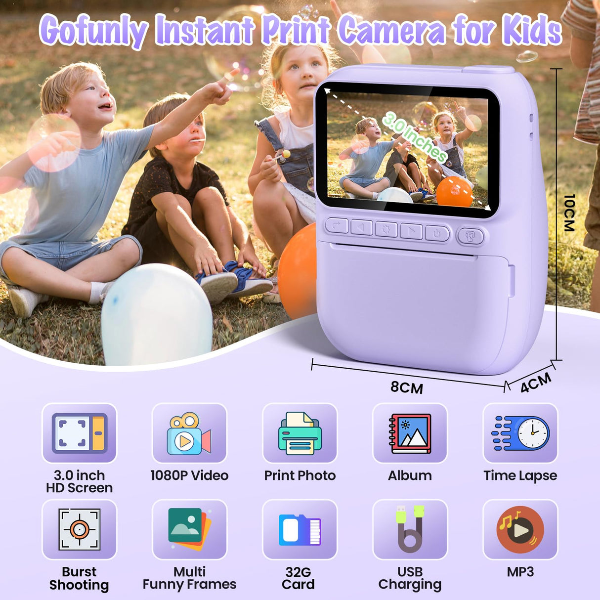 Kids Camera Instant Print, 3.0" HD 32MP Kids Camera Christmas Birthday Gifts for 3 4 5 6 7 8 9 10 11 12 Year Old Girls Boys, 32GB SD Card-Purple
