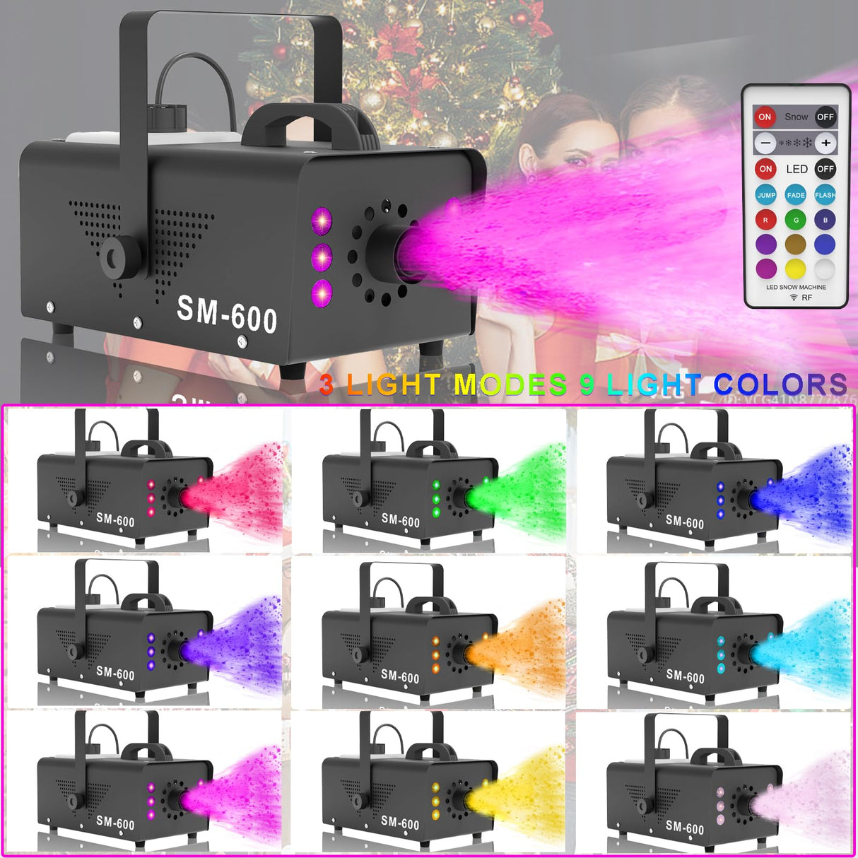 Snow Machine with LED Lights 600w, Remote Control, Perfect for Parties Indoor, Christmas, Wedding, Stage Effect,A-600w