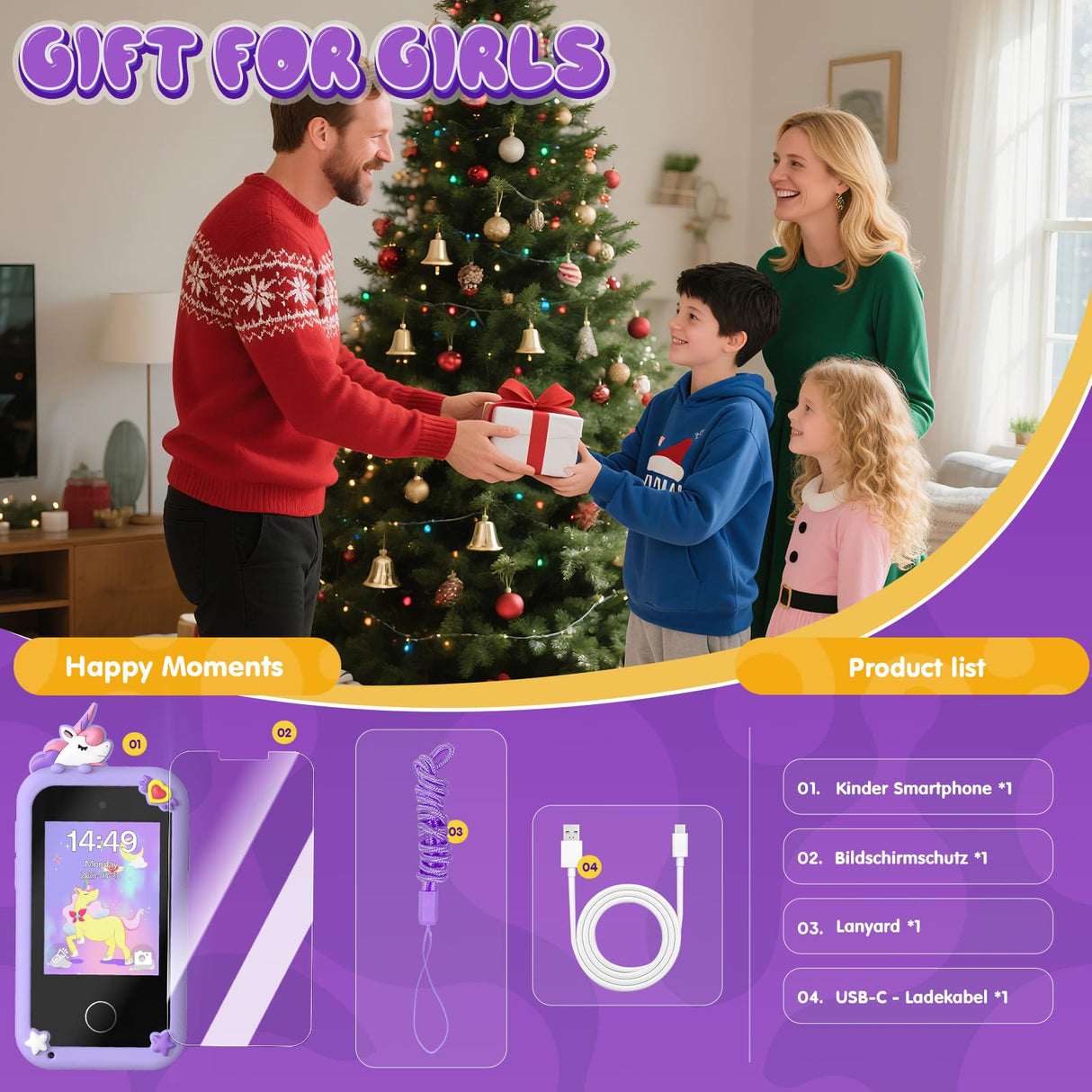 Kids Smart Phone Toys for Girls,Christmas Birthday Gifts for Girls Age 3-10 Kids Cell Phone Toys with 2.8" Touchscreen 20 Learning Games Dual Camera Music Player, 8G SD Card