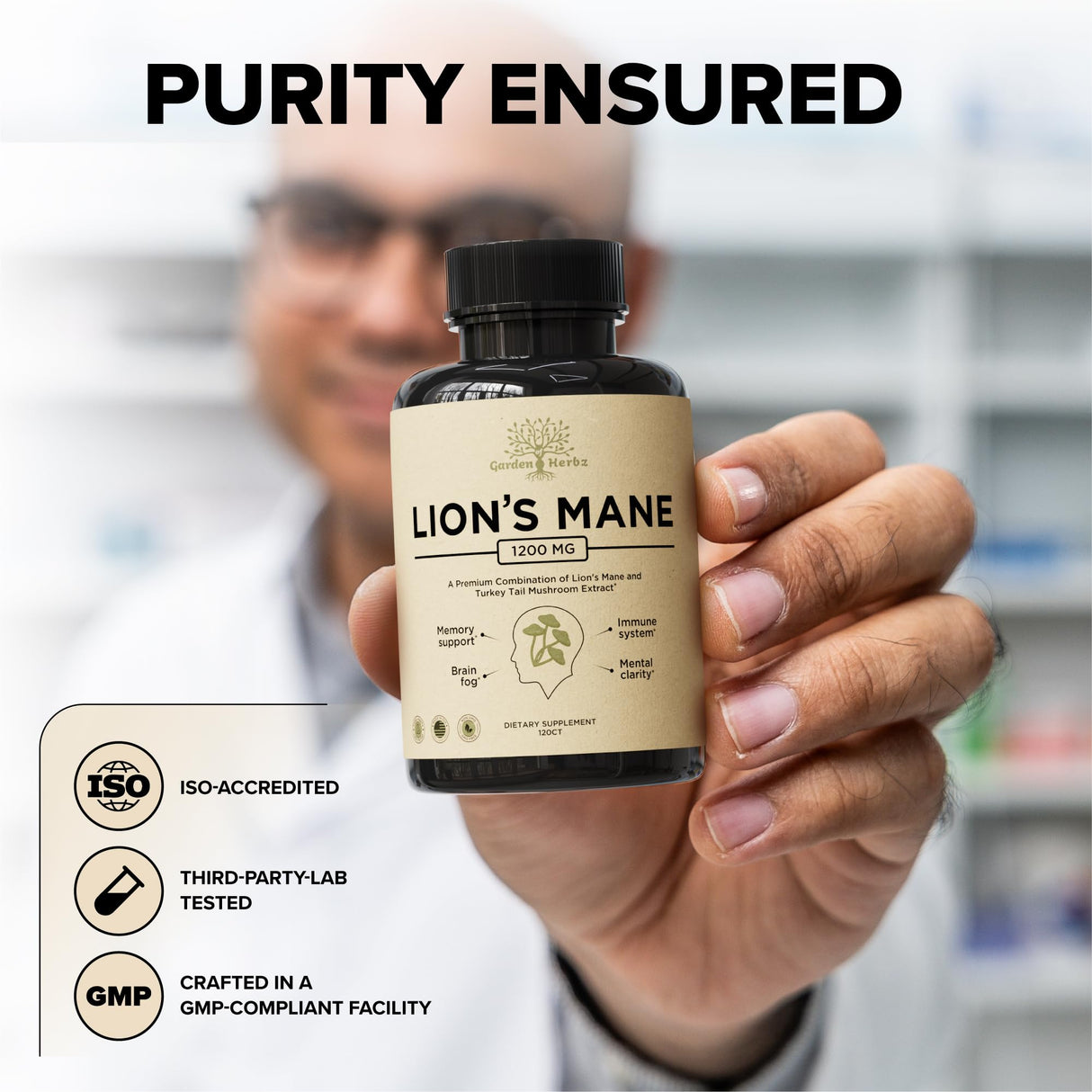 Garden of Herbz Lion’s Mane Mushroom Supplement Capsules with Turkey Tail – Mushroom Extract Blend, Non-GMO, 1200 mg per Serving, 120 Capsules