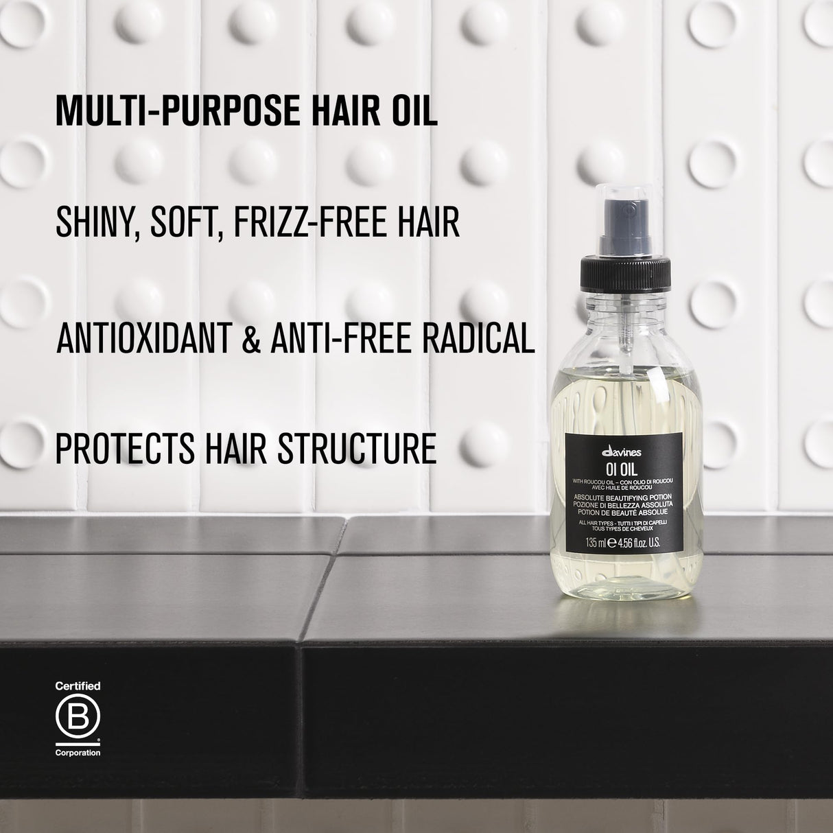 Davines OI Oil | Weightless Hair Oil Perfect for Dry Hair, Coarse & Curly Hair Types | Anti-Frizz for Soft, Shiny Hair | 135 ml (4.56 Fl Oz)
