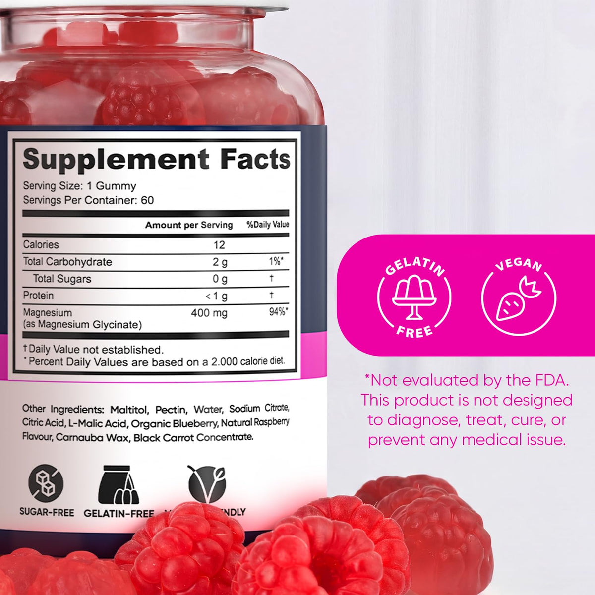 Magnesium Glycinate 400mg Gummies - Relax & Sleep, Men & Women, Raspberry