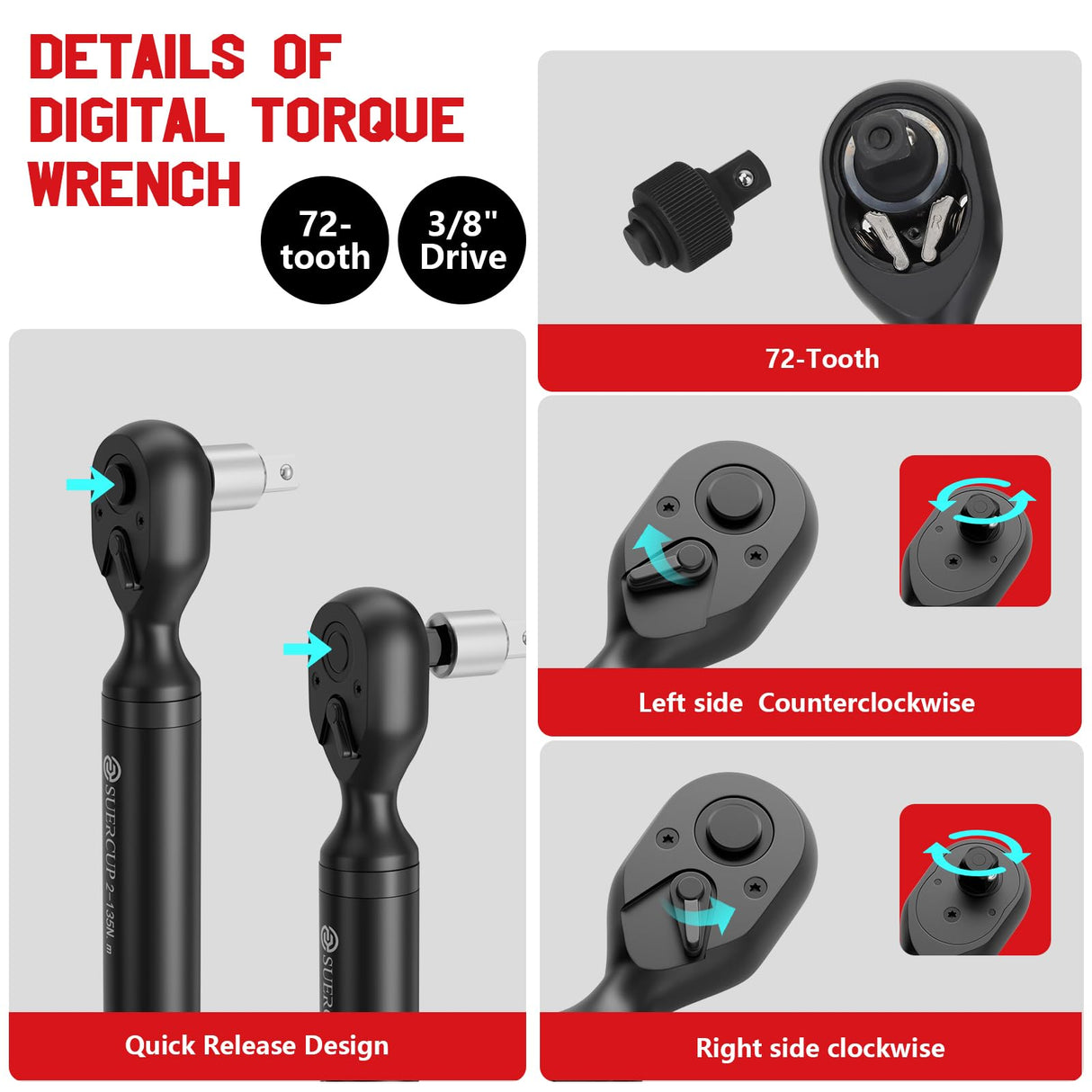SUERCUP 3/8-inch Digital Torque Wrench(1.5-99.6Ft.Lb/2-135Nm) ±1% Accuracy Digital Torque Wrench with Vibration, Buzzer,LED Notification and Five Units of Measure, for Motorcycle, Auto Repair