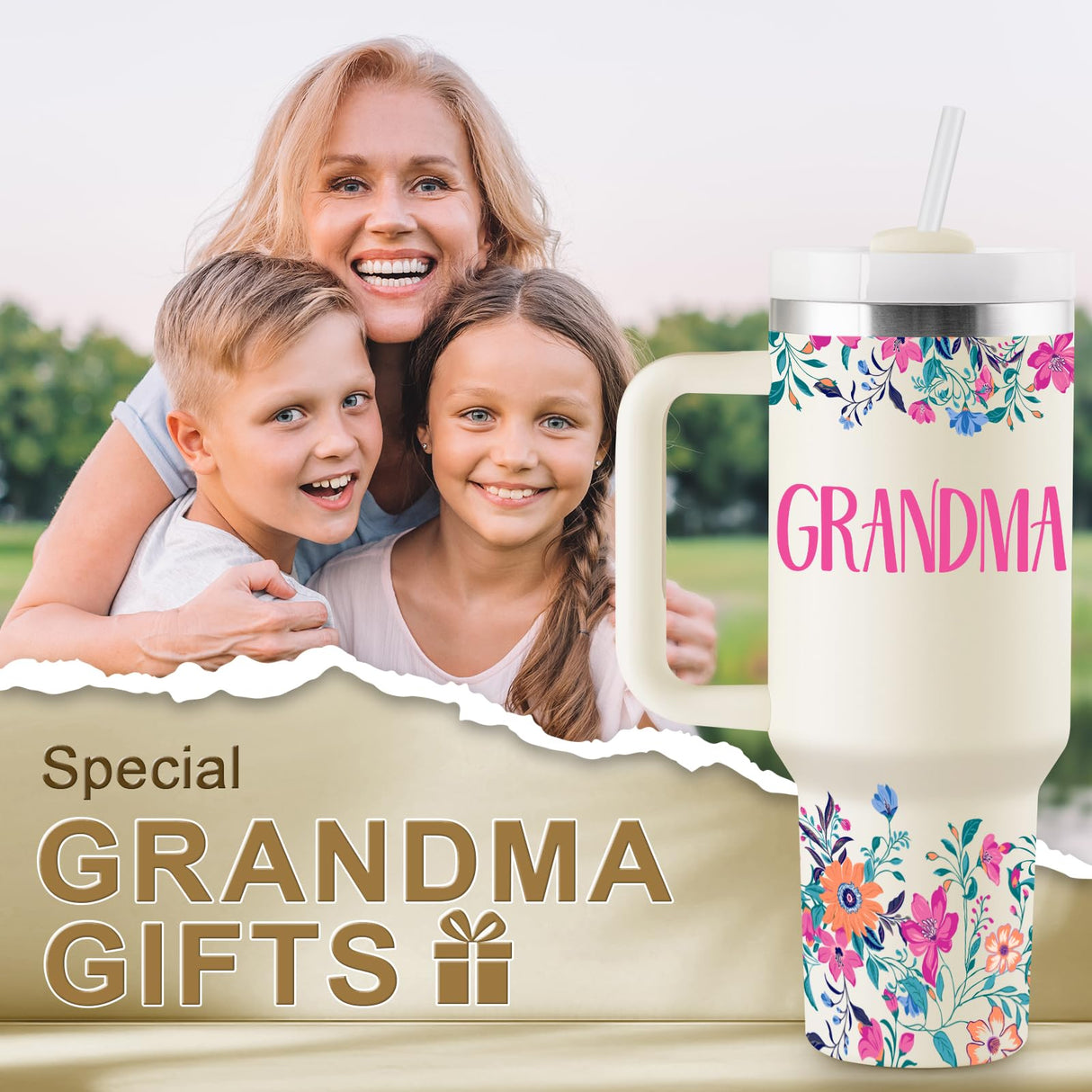 Grandma Gifts Birthday Gifts for Grandma Great Grandmother Gift Ideas Best Grandmother Gift from Granddaughter Grandson for Mothers Day Christmas 40oz Travel Cup Insulated Tumbler with Lid & Straw