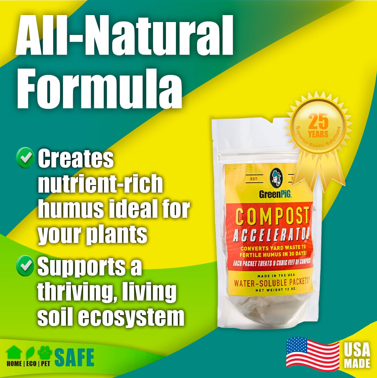 GREEN PIG Compost Accelerator Converts Yard Waste to Fertile Humus in 30 Days and Helps Control Odors Associated with Compost Piles, 1 Bag (12 Dissolvable Packets)
