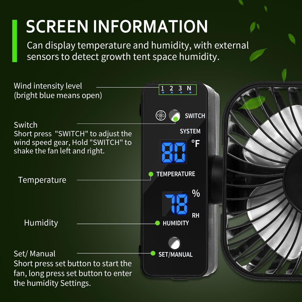 DAOTAILI 4" Grow Tent Fan with Auto Humidity Control | Quiet Oscillating Ventilation, Real-Time Temp & Humidity Monitoring for Hydroponics, Greenhouses & Indoor Gardens