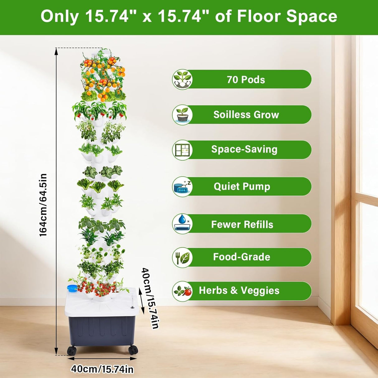 Hydroponic Tower, 14-Layer Hydroponics Growing System Kit with 70 Slots, Vertical Garden System with 20L Water Tank and Pump for Indoor Outdoor Home, Balcony & Patio