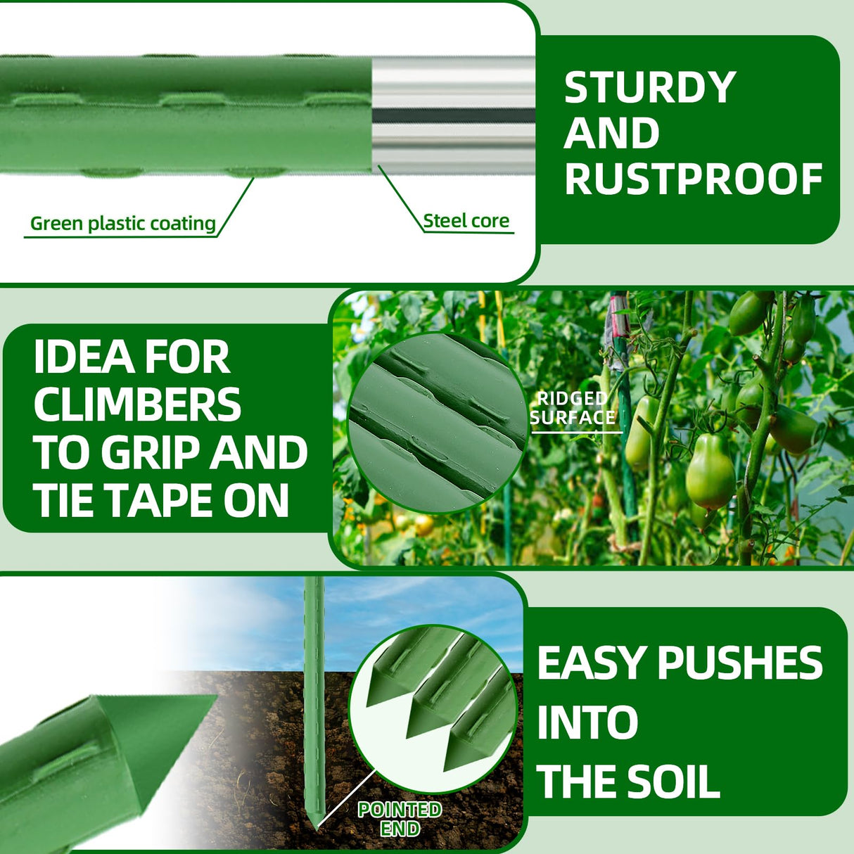 Fabulas Garden Stakes 16 Inch 30 Pack, Diy 4ft 5ft 6ft 7ft 8ft Tomato Stakes Plastic Coated Metal Plant Sticks Stakes Supports with 20 Connectors 15 Rotatable Clips for Indoor Outdoor Plants Vegetable
