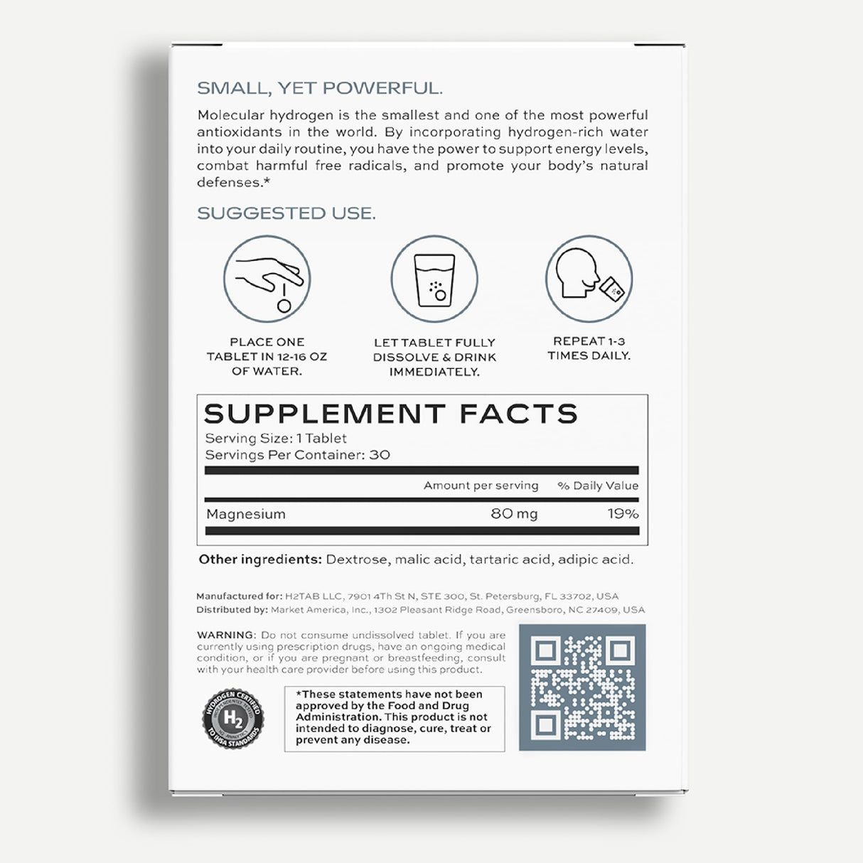 Molecular H2TAB Hydrogen Tablets with Magnesium -12 PPM Hydrogen Tablets for Drinking Water -Rich in Antioxidants, Supports Cellular Health, Recovery & Cognitive Function (30 Counts, Unflavored)