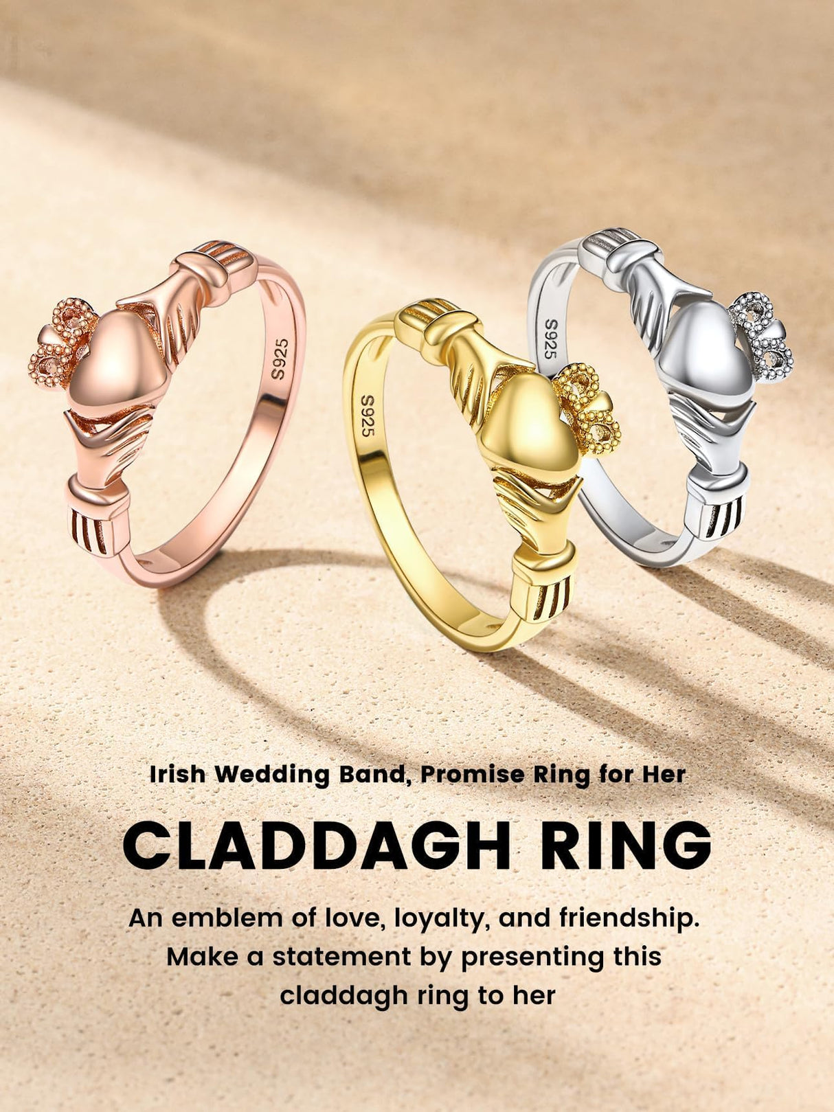 Bestyle Gold Claddagh Rings for Women Hypoallergenic Sterling Silver Women Gold Rings, Irish Infinity Love Ring Promise Ring for Her, Dainty Silver Gold Rings for Women