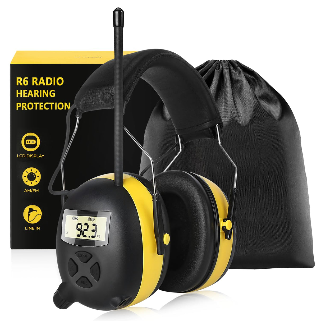 BJKing AM/FM Radio Headphones with Digital Display, 30dB AM FM Hearing Protection Safety Ear Muff, Ear Protection Headphone for Mowing, Landscaping, Shooting and Construction Black-Yellow