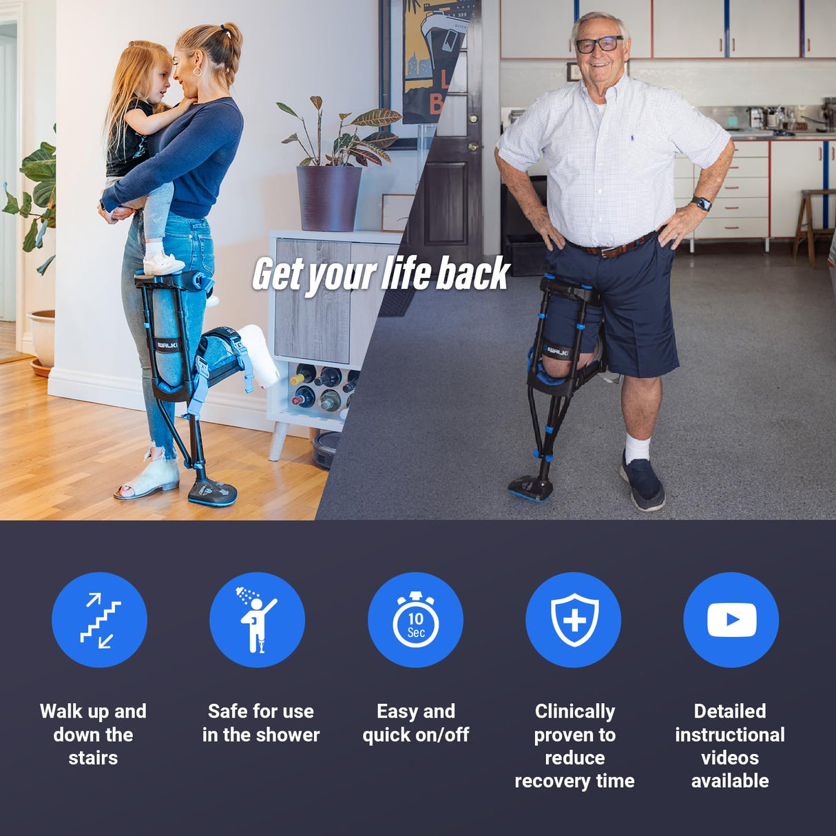 iWALK3.0 – The Original Hands Free Knee Crutch - Alternative to Crutches and Knee Scooters - iWALK Replaces Crutches for Adults - Peg Leg Crutch For Lower Leg Injuries Only
