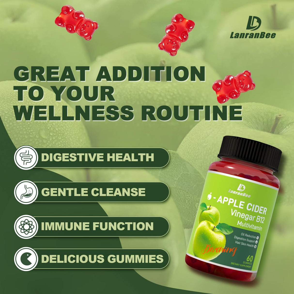 LanranBee Apple Cider Vinegar Gummies with Vitamins B12 Multivitamin ACV Supplement Gummy –Supports Digestion, Energy, Weight Management & Gut Health – Vegan, Non-GMO, Gluten-Free – 120 Count