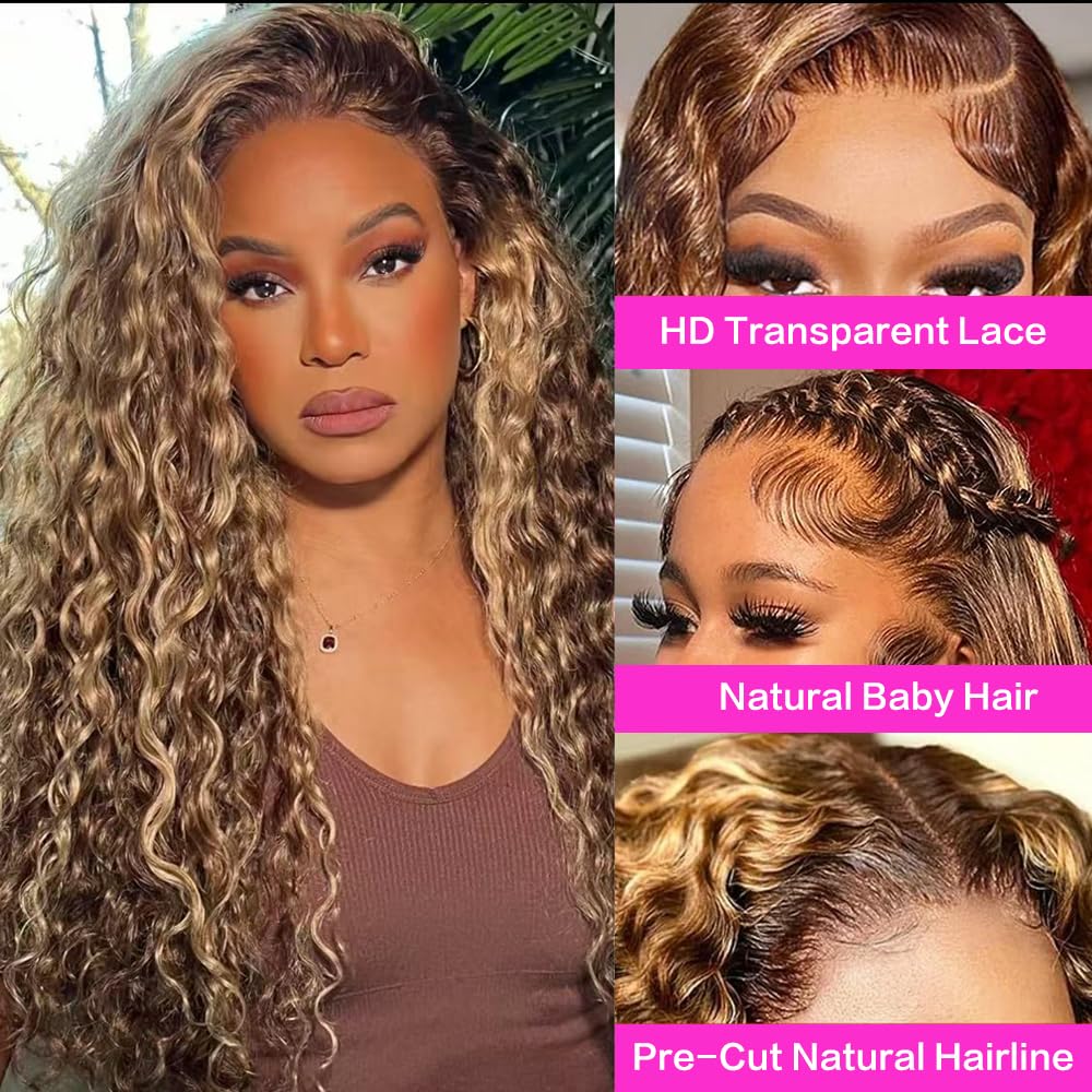 abbildung 30inch Highlight Ombre Lace Front Wig Human Hair 13x6 HD Honey Blonde 4/27 Deep Wave Lace Frontal Wigs Glueless Wigs Human Hair Pre Plucked with Baby Hair 200 Density